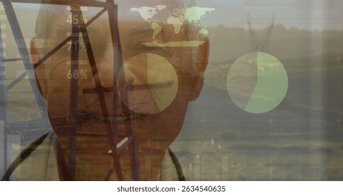 Image of data processing with pylons and landscape over caucasian male doctor. Global medicine, computing and digital interface concept digitally generated image.
