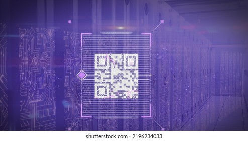 Image of data processing and qr code over server room. Global business and digital interface concept digitally generated image.