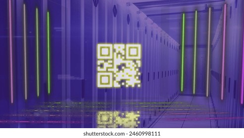 Image of data processing and qr code over computer servers. Global connections, computing, digital interface and data processing concept digitally generated image.
