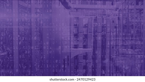 Image of data processing and qr code over server room. Global business and digital interface concept digitally generated image.