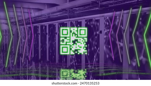 Image of data processing and qr code over server room. Global business and digital interface concept digitally generated image.