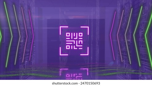 Image of data processing and qr code over server room. Global business and digital interface concept digitally generated image.