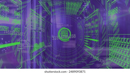 Image of data processing with qr code over server room. Global technology, computing and digital interface concept digitally generated image.
