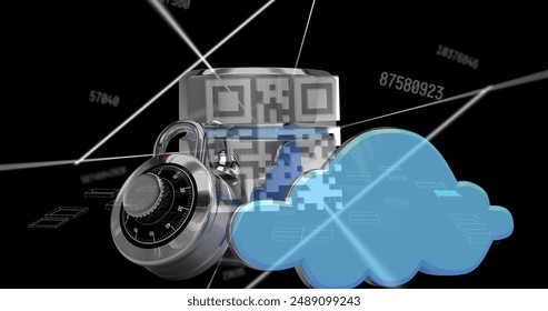 Image of data processing with qr code over padlock on black background. Global technology, computing and digital interface concept digitally generated image.
