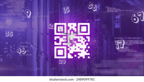 Image of data processing with qr code and digital human over server room. Global technology, computing and digital interface concept digitally generated image.