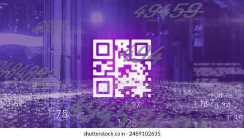 Image of data processing with qr code over server room. Global technology, computing and digital interface concept digitally generated image.