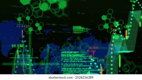 Image of data processing and qr code over world map on black background. Global medicine and digital interface concept digitally generated image.