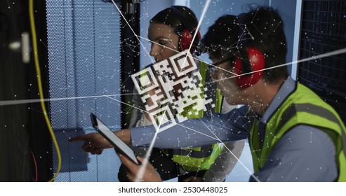 Image of data processing and qr code over diverse workers in server room. Computer security day and celebration concept digitally generated image. - Powered by Shutterstock