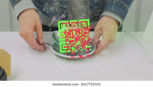Image of data processing with qr code over caucasian man with coffee. global business and digital interface concept digitally generated image.
