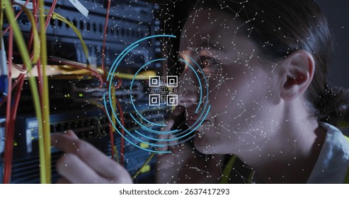 Image of data processing and qr code over caucasian female worker in server room. Computer security day and celebration concept digitally generated image. - Powered by Shutterstock - Get 15% off with code: PIKWIZARD15