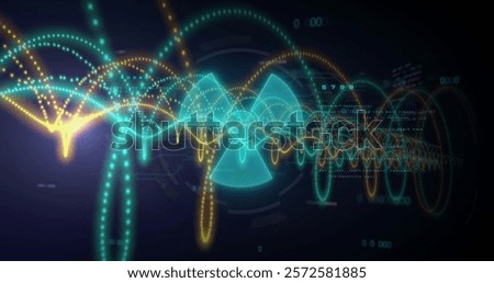 Image of data processing and radiation warning sign on black background. Global technology, computing, online security and digital interface concept digitally generated image.