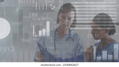 Image of data processing and rain over diverse doctors talking. Global medicine and digital interface concept digitally generated image.