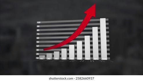 Image of data processing and red arrow over cityscape background. Global finance, business, connections, computing and data processing concept digitally generated image.