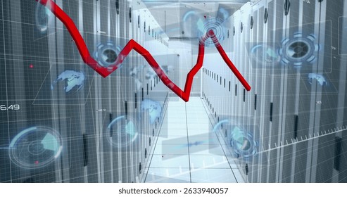 Image of data processing with red line and scopes scanning over server room. Global technology, computing and digital interface concept digitally generated image.
