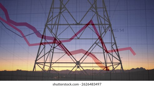 Image of data processing with red lines over electricity trails and pylon landscape. global energy, electricity and data processing concept digitally generated image.