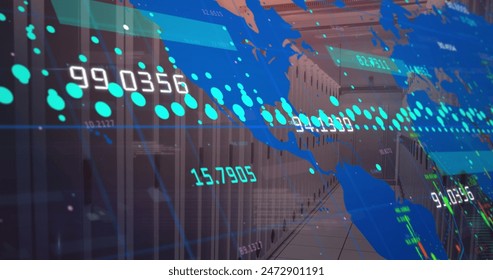 Image of data processing and round shape in seamless pattern against computer server room. Computer interface and business data storage technology concept