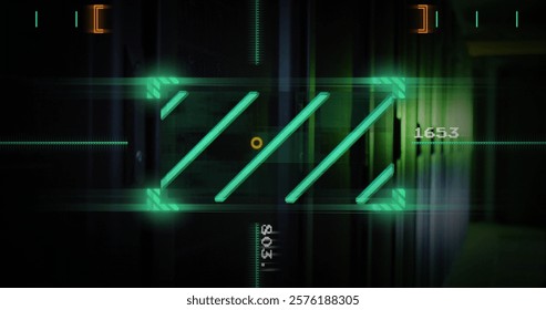 Image of data processing and scanner over server room. Business, technology and digital interface concept digitally generated image.