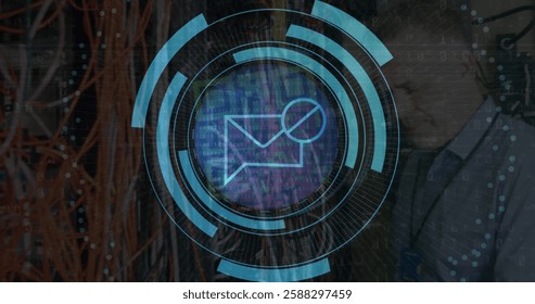 Image of data processing and scope over caucasian male it engineer by computer servers. Global connections, computing and data processing concept digitally generated image.