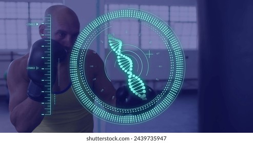 Image of data processing and scope scanning with dna strand over caucasian male boxer. Global sport and digital interface concept digitally generated image. - Powered by Shutterstock