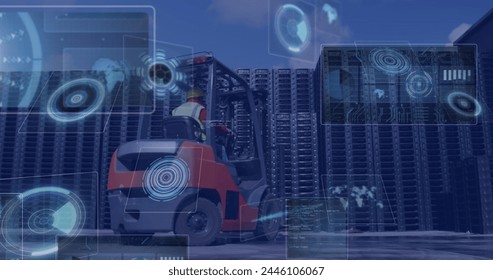 Image of data processing with scope scanning over caucasian worker in warehouse. Global connections, computing and digital interface concept digitally generated image.