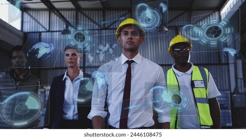 Image of data processing with scope scanning over diverse workers in warehouse. Global connections, computing and digital interface concept digitally generated image.