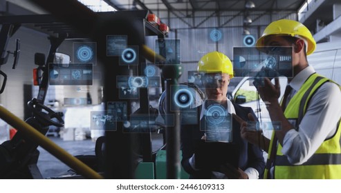 Image of data processing with scope scanning over diverse workers in warehouse. Global connections, computing and digital interface concept digitally generated image. - Powered by Shutterstock