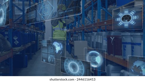 Image of data processing with scope scanning over african american female worker in warehouse. Global connections, computing and digital interface concept digitally generated image.