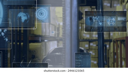 Image of data processing with scope scanning over warehouse. Global connections, computing and digital interface concept digitally generated image.