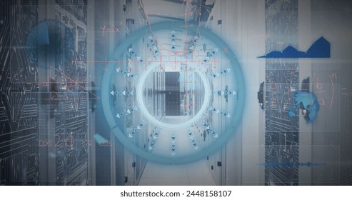 Image of data processing and scope scanning over server room. Global technology, computing and digital interface concept digitally generated image.