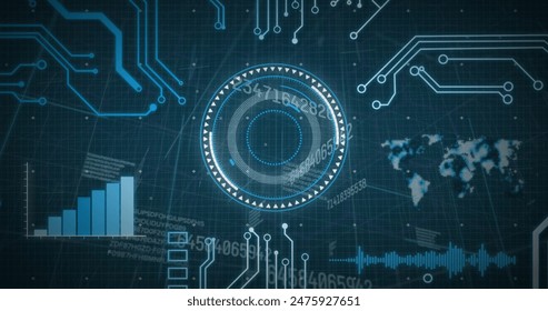 Image of data processing, scope scanning and computer circuit board. global data processing, computing and digital interface concept digitally generated image.