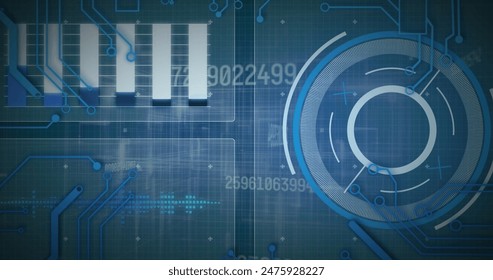 Image of data processing, scope scanning and computer circuit board. global data processing, computing and digital interface concept digitally generated image.