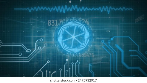 Image of data processing, scope scanning and computer circuit board. global data processing, computing and digital interface concept digitally generated image.