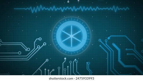 Image of data processing, scope scanning and computer circuit board. global data processing, computing and digital interface concept digitally generated image.