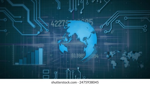 Image of data processing, scope scanning and computer circuit board. global data processing, computing and digital interface concept digitally generated image.