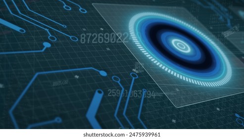 Image of data processing, scope scanning and computer circuit board. global data processing, computing and digital interface concept digitally generated image.