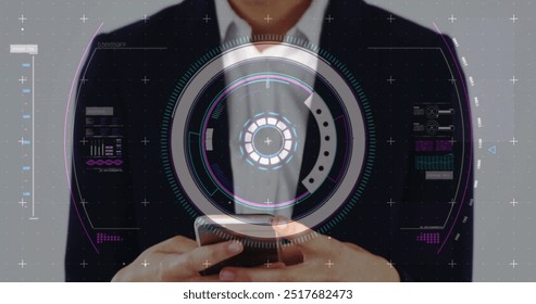 Image of data processing and scope scanning over caucasian woman using smartphone. Global business, technology and digital interface concept digitally generated image.