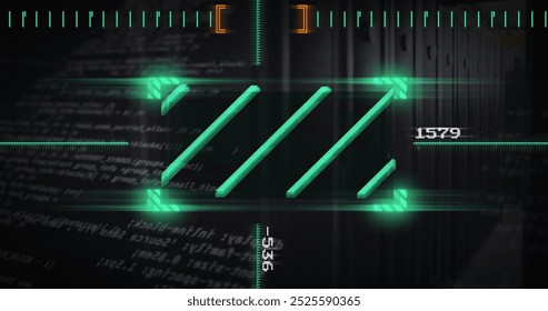 Image of data processing with scope scanning over server room. Global technology and digital interface concept digitally generated image.