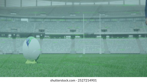 Image of data processing and scope scanning over african american rugby player at stadium. Global sport, computing and digital interface concept digitally generated image. - Powered by Shutterstock