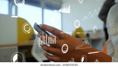 Image of data processing and scope scanning over biracial businesswoman using smartphone. Global technology, social media and digital interface concept digitally generated image.