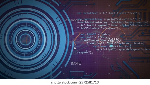 Image of data processing and scope scanning over computer circuit board. Global technology, computing, online security and digital interface concept digitally generated image.