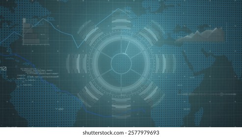 Image of data processing and scope scanning over world map on black background. Global technology, computing and digital interface concept digitally generated image.