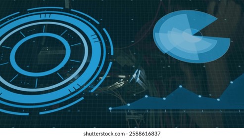 Image of data processing with scope scanning over wires on black background. Global technology, computing and digital interface concept digitally generated image.
