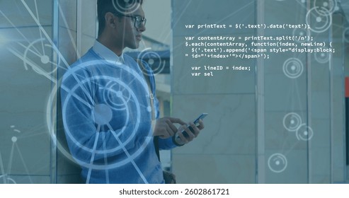 Image of data processing, scope scanning over man using smartphone. global technology connection and communication concept digitally generated image. - Powered by Shutterstock - Get 15% off with code: PIKWIZARD15