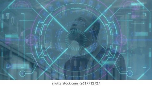 Image of data processing and scope scanning over african amercian businessman. global business, technology and digital interface concept digitally generated image.