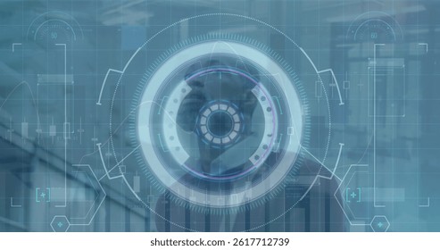 Image of data processing and scope scanning over african amercian businessman. global business, technology and digital interface concept digitally generated image.