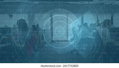 Image of data processing and scope scanning over diverse business people. global business, technology and digital interface concept digitally generated image.