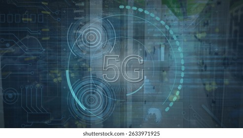 Image of data processing and scope scanning with 5g text over server room. Global technology, computing and digital interface concept digitally generated image.