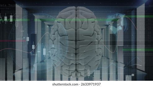 Image of data processing and scope scanning with digital brain over server room. Global technology, computing and digital interface concept digitally generated image.