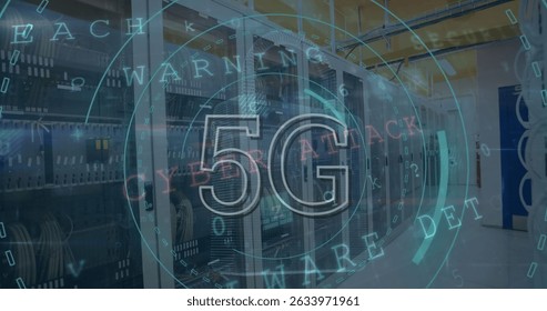 Image of data processing and scope scanning with 5g text over server room. Global technology, computing and digital interface concept digitally generated image.
