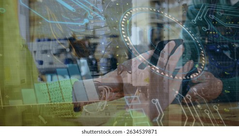 Image of data processing and scope scanning over diverse people paying with smartphone. Global technology, finances and digital interface concept digitally generated image.
